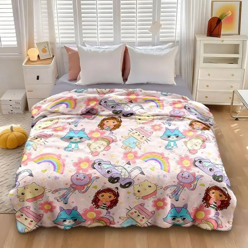 Gabby's Dollhouse Cartoon Fleece Blanket, Pink Background with Rainbow, Cats and Dolls, Soft Cozy Throw for Kids Bedroom, Sofa, Air Conditioned Room, Travel, Gifts, Flannel Blankets
