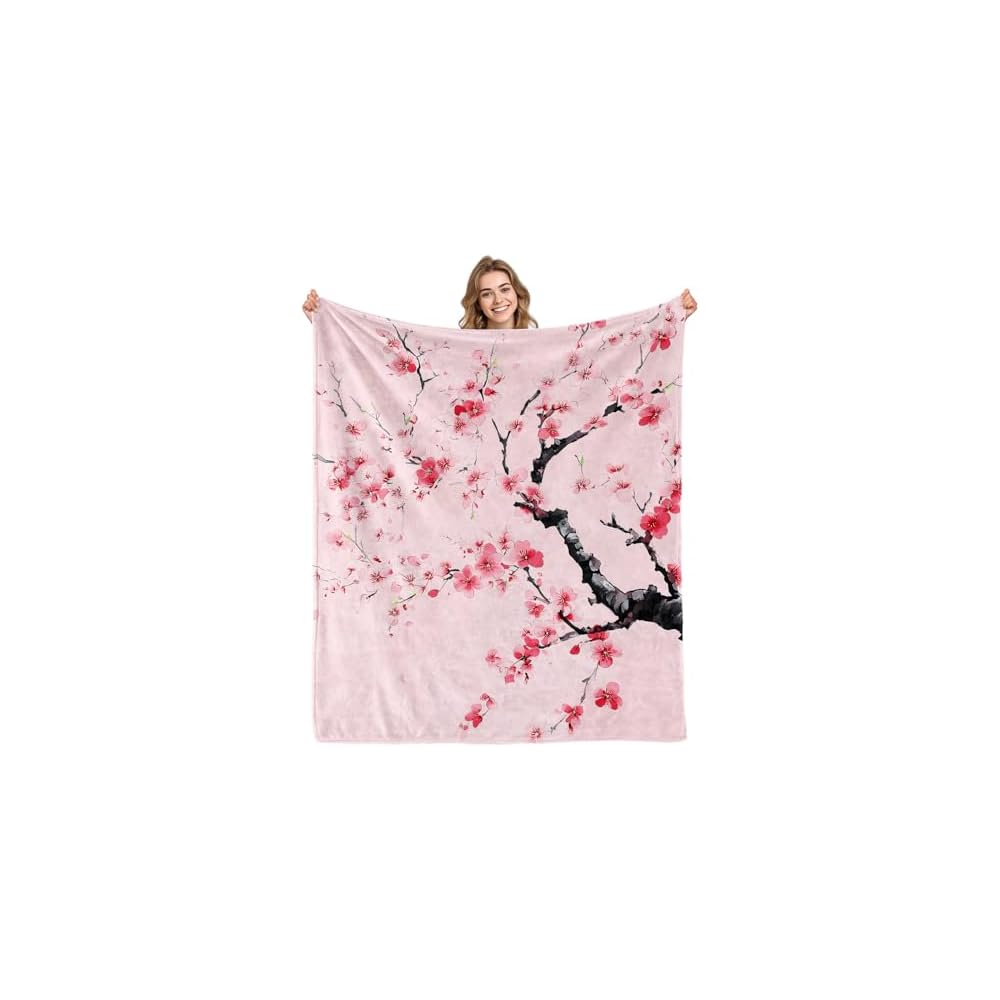 Cherry Blossom Blanket Gifts for Girls Women Floral Sakura Flowers Pink Blankets for Kids Japanese Cherry Blossom Throw Blankets for Sofa Living Room Bedroom(50X60 Inch)