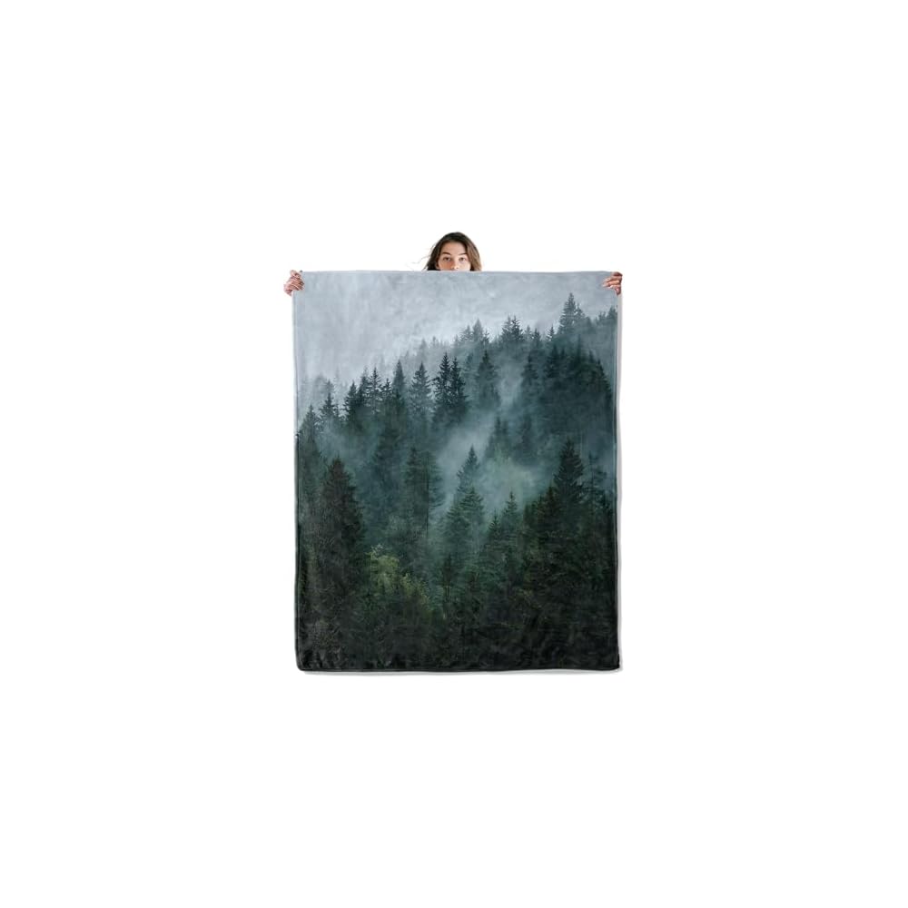 Tree Throw Blanket Soft Cozy Lightweight Flannel Blankets with Blue and Pink Blossom Mountain Cloud Scene Printed for Nature Lovers Bedroom Dorm Office Home Decor Gifts 50x60 Inch