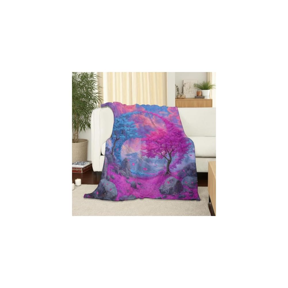 Tree Throw Blanket Soft Cozy Lightweight Flannel Blankets with Blue and Pink Blossom Mountain Cloud Scene Printed for Nature Lovers Bedroom Dorm Office Home Decor Gifts 50x60 Inch