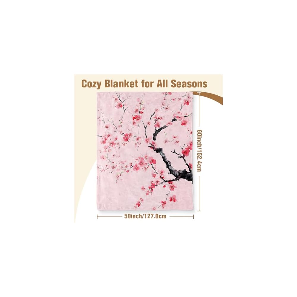 Cherry Blossom Blanket Gifts for Girls Women Floral Sakura Flowers Pink Blankets for Kids Japanese Cherry Blossom Throw Blankets for Sofa Living Room Bedroom(50X60 Inch)
