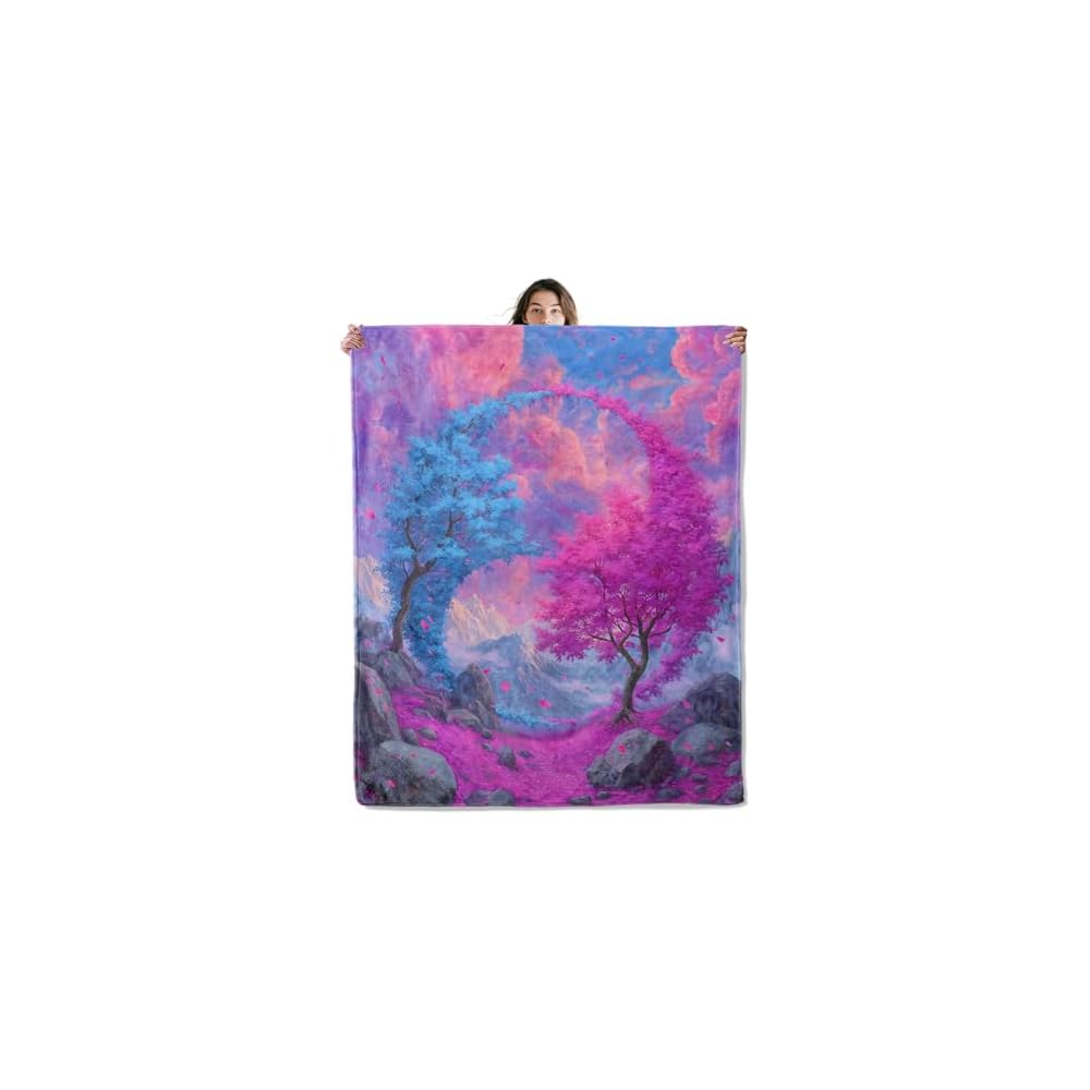 Tree Throw Blanket Soft Cozy Lightweight Flannel Blankets with Blue and Pink Blossom Mountain Cloud Scene Printed for Nature Lovers Bedroom Dorm Office Home Decor Gifts 50x60 Inch