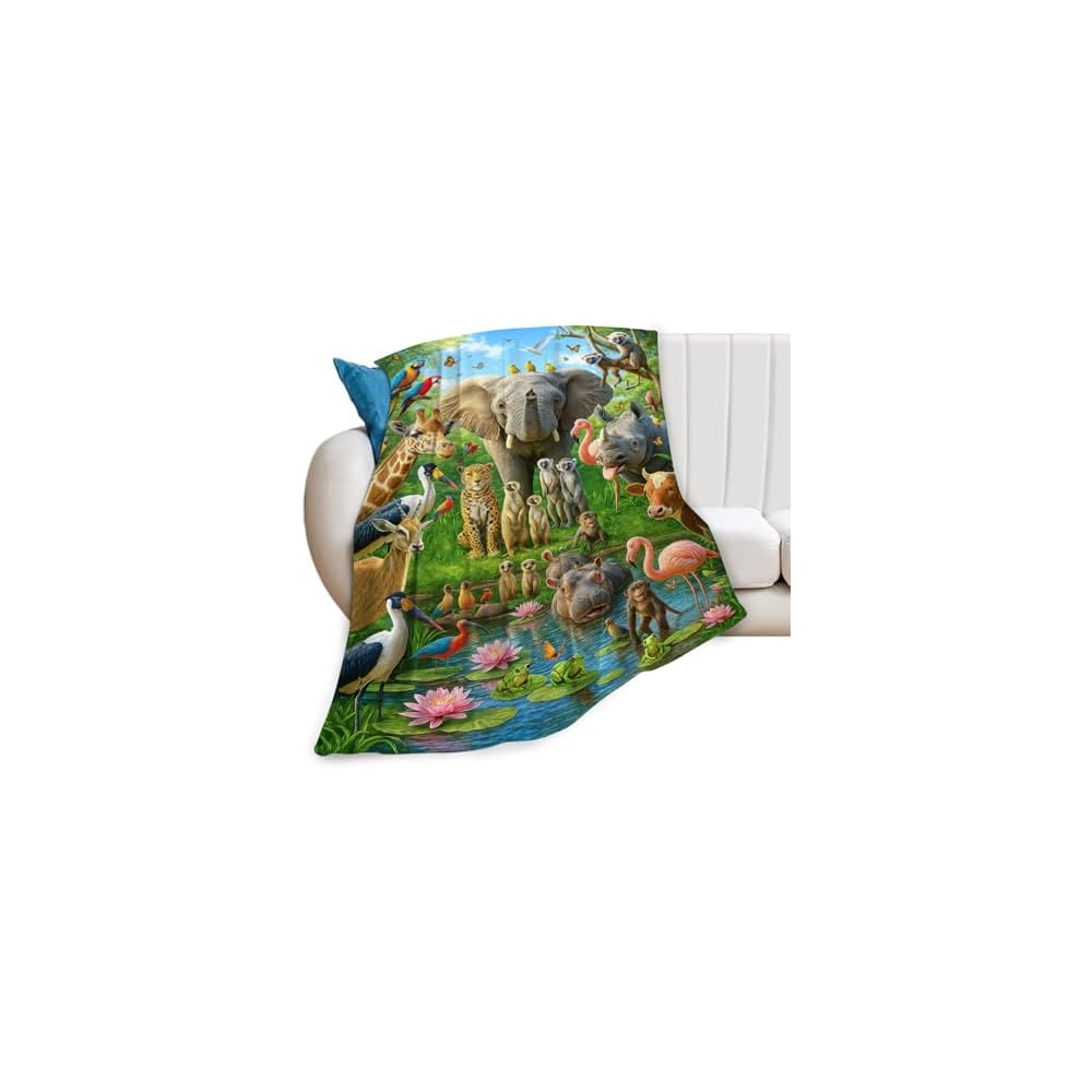Cute Zoo Animal Blanket Funny Elephant Monkey Giraffe Print Throw Blankets Soft Cozy Warm Fuzzy Fleece Flannel Jungle Animals Throws Stuff Gifts for Girls Boys Men Women Bed Bedding Decor 50"x40"
