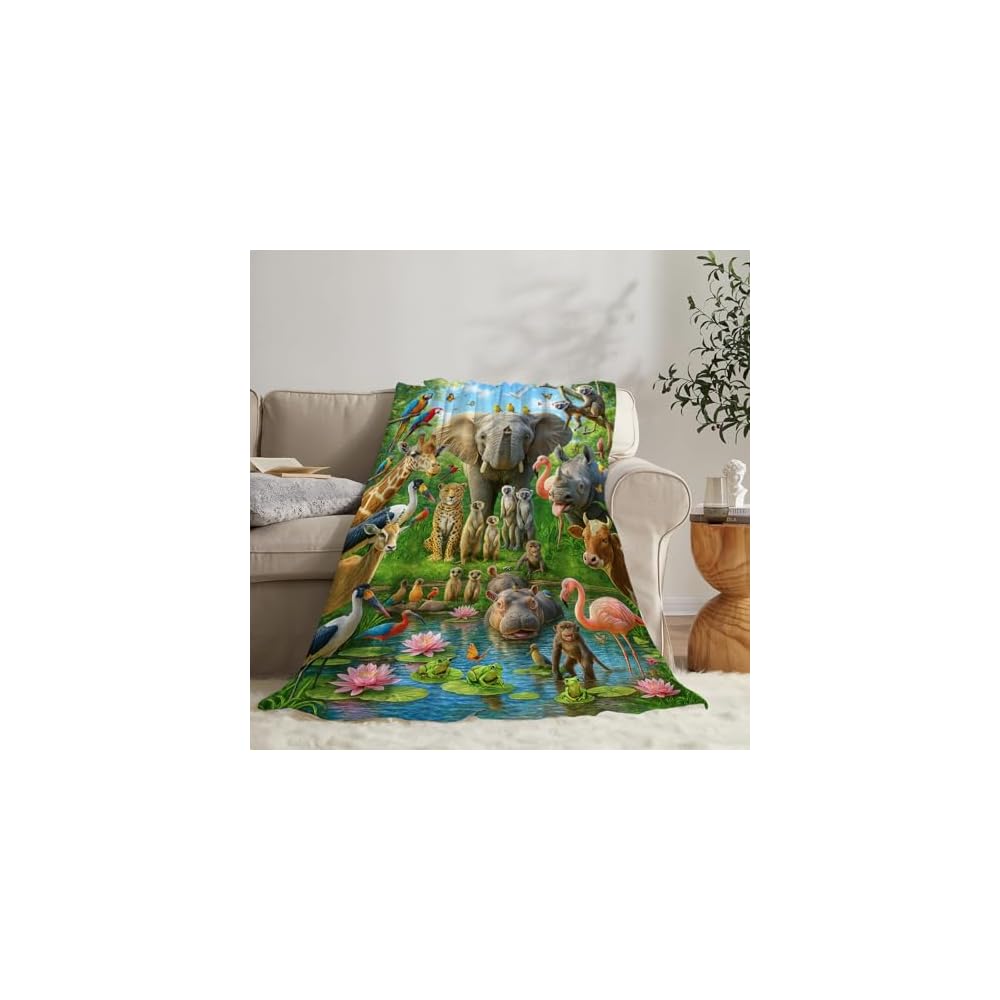 Cute Zoo Animal Blanket Funny Elephant Monkey Giraffe Print Throw Blankets Soft Cozy Warm Fuzzy Fleece Flannel Jungle Animals Throws Stuff Gifts for Girls Boys Men Women Bed Bedding Decor 50"x40"