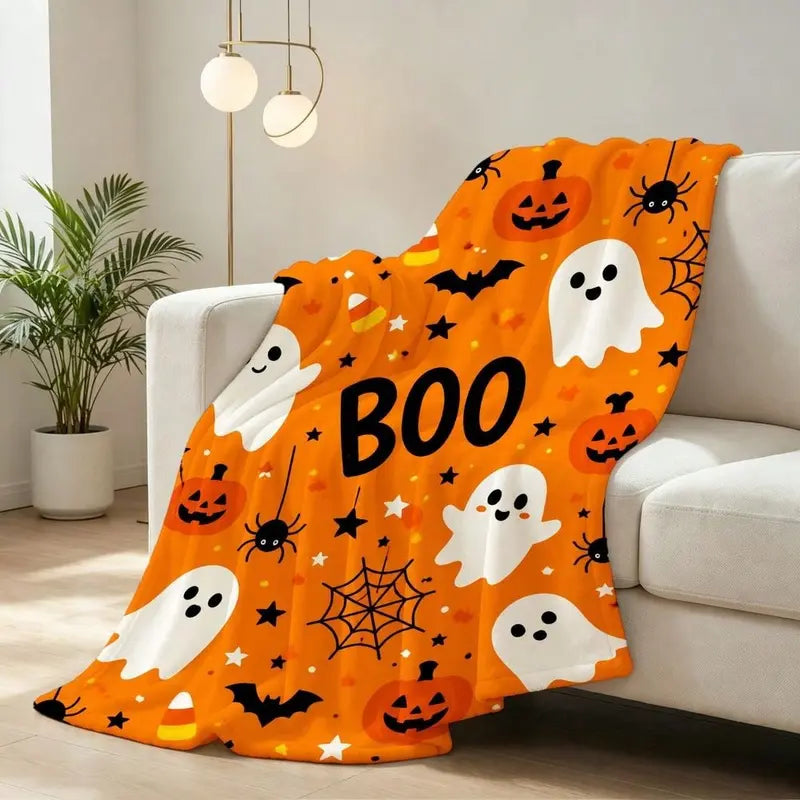 Flannel Halloween Throw Blanket - Cozy, Soft, Lightweight, Decorative Bedding with Cute Ghosts, Pumpkins, Bats, Candy Corn Patterns for Sofa, Living Room Fall Holiday Decor, Halloween Gifts