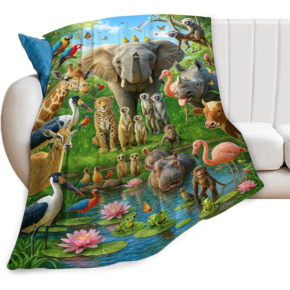 Cute Zoo Animal Blanket Funny Elephant Monkey Giraffe Print Throw Blankets Soft Cozy Warm Fuzzy Fleece Flannel Jungle Animals Throws Stuff Gifts for Girls Boys Men Women Bed Bedding Decor 50"x40"