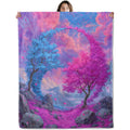 Tree Throw Blanket Soft Cozy Lightweight Flannel Blankets with Blue and Pink Blossom Mountain Cloud Scene Printed for Nature Lovers Bedroom Dorm Office Home Decor Gifts 50x60 Inch