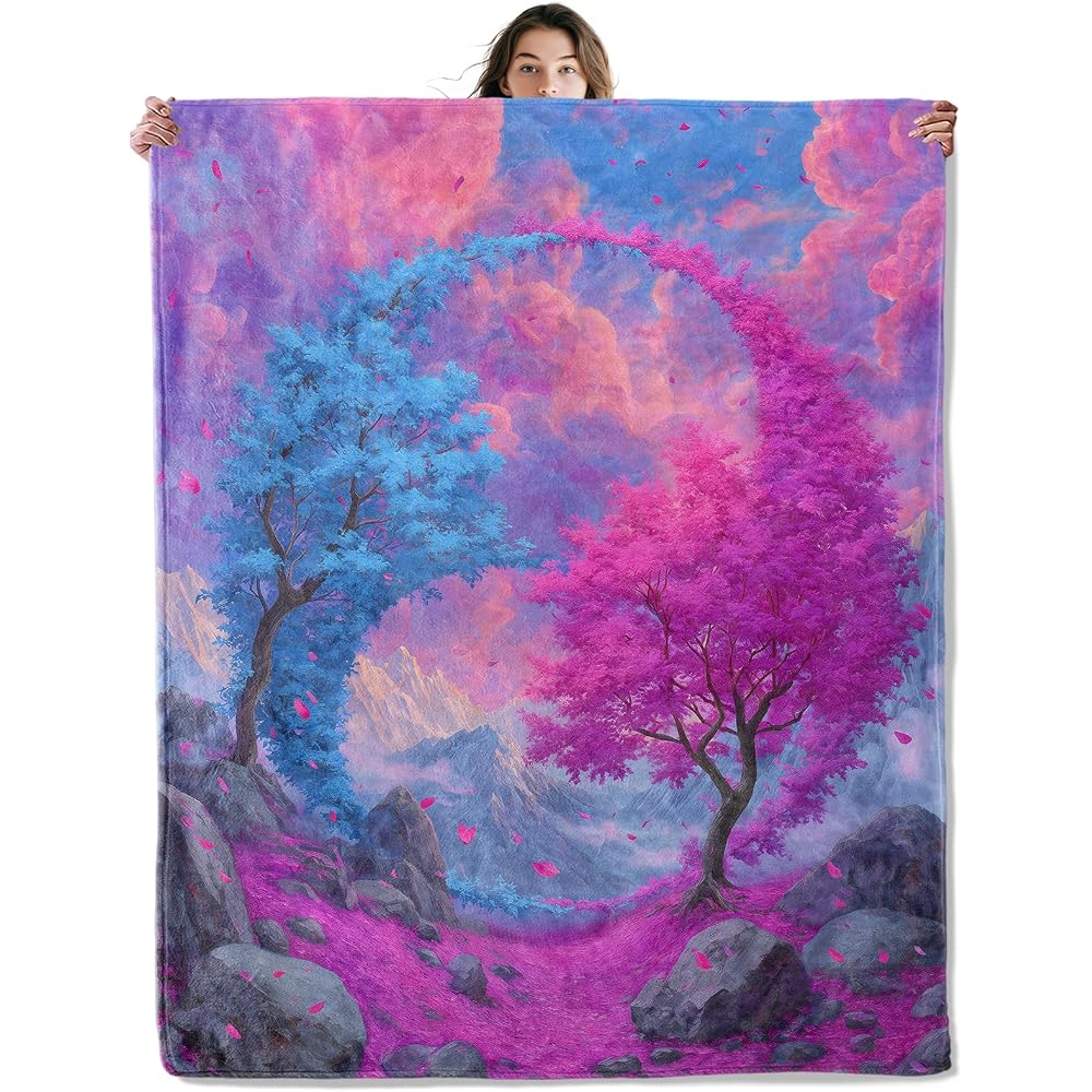Tree Throw Blanket Soft Cozy Lightweight Flannel Blankets with Blue and Pink Blossom Mountain Cloud Scene Printed for Nature Lovers Bedroom Dorm Office Home Decor Gifts 50x60 Inch