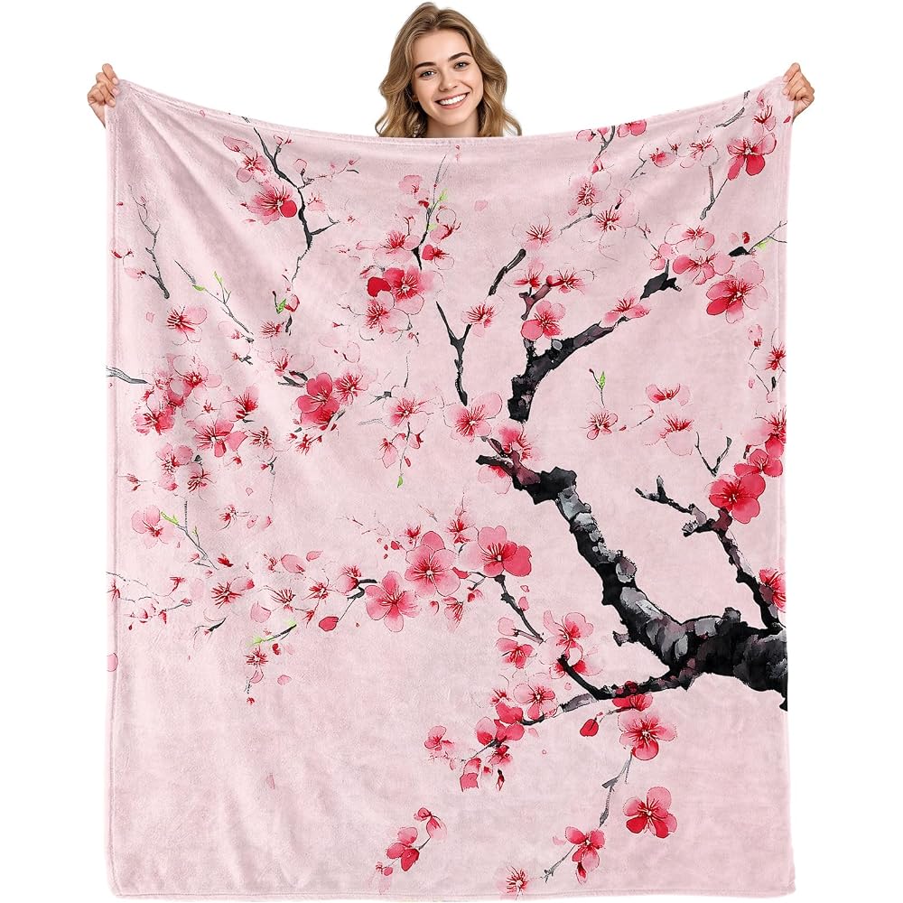 Cherry Blossom Blanket Gifts for Girls Women Floral Sakura Flowers Pink Blankets for Kids Japanese Cherry Blossom Throw Blankets for Sofa Living Room Bedroom(50X60 Inch)